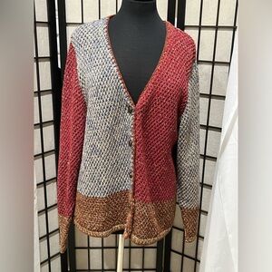 CASCADE BLUES VINTAGE COLOR BLOCK SILK BLEND Button-Up Knit Cardigan SIZE L